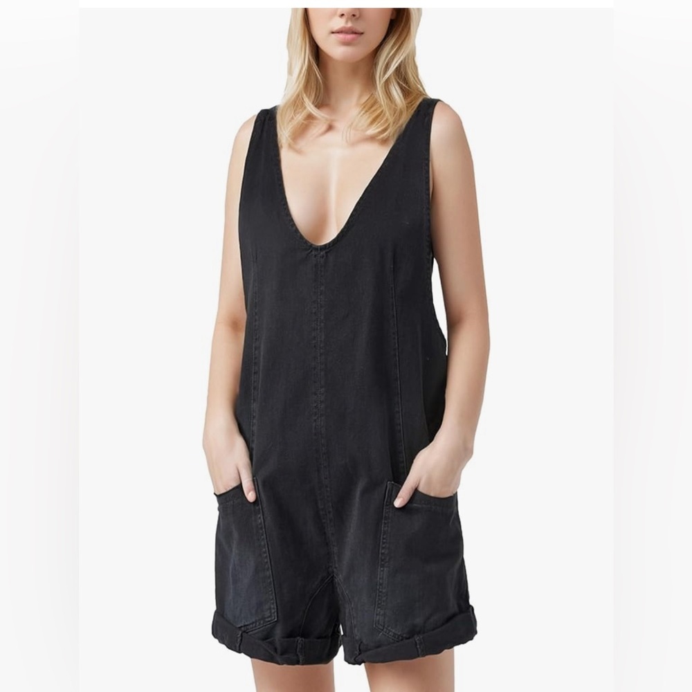 Women’s Large Loose Denim Black Overall Shorts Romper